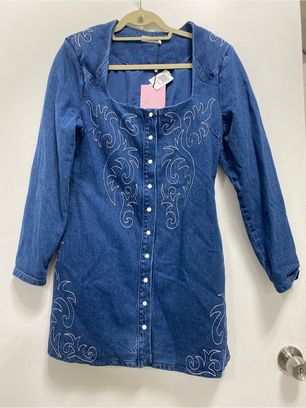 Avec Les Filles Blue Denim Embroidered Button-Front Mini Dress - Picture 6 of 12